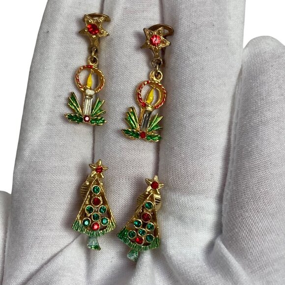 Vintage Christmas Clip On Earrings 2 Pr XMas Tree Candle Gold Tone Rhinestones - Picture 8 of 8